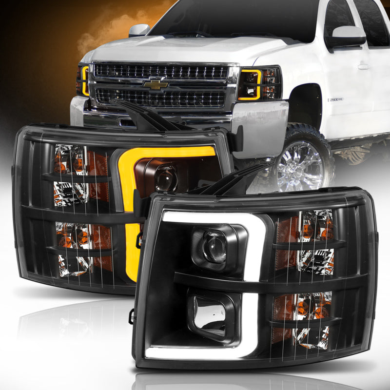 ANZO 111410 Plank Style Projector Headlights Black w/ Amber for 2007-2013 Chevrolet Silverado 1500