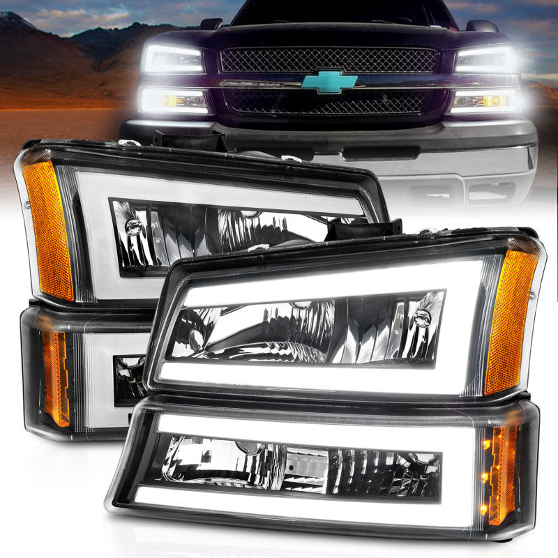 ANZO 111501 Crystal Headlights w/ Light Bar Black Housing for 2003-2006 Chevrolet Silverado 1500