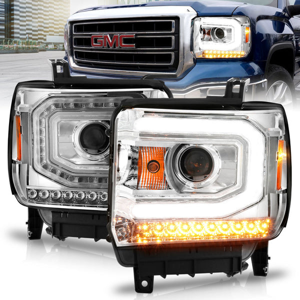 ANZO 111514 Projector Headlights w/ Light Bar Chrome Housing (Halogen Type) for 2014-2015 Gmc Sierra 1500