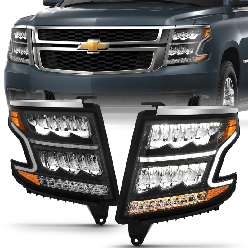 ANZO 111478 LED Light Bar Style Headlights Black w/Sequential w/DRL w/Amber for 2015-2020 Chevy Tahoe / Suburban