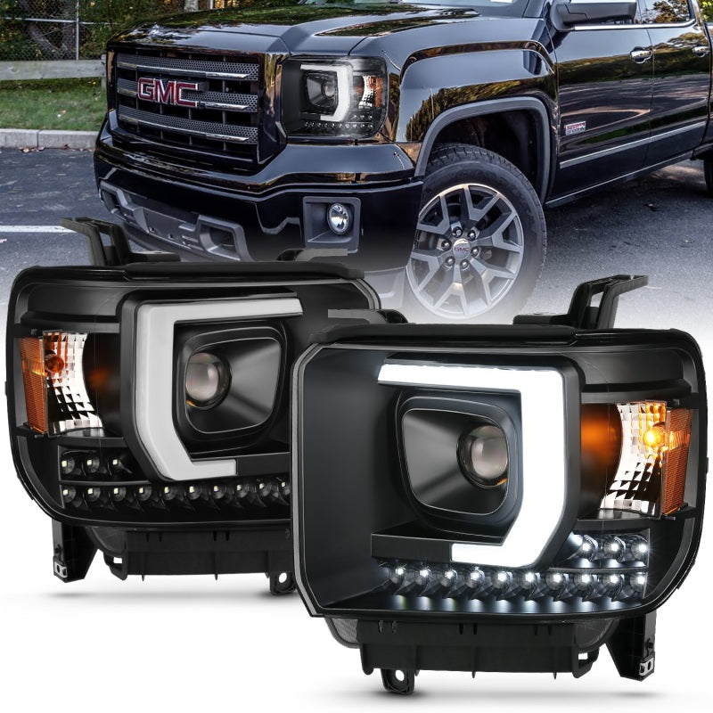 ANZO 111450 Projector Plank Style Headlight Black W/ Drl for 2014-2015 Gmc Sierra 1500HD