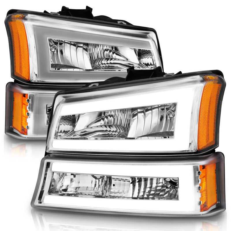 ANZO 111502 Crystal Headlights w/ Light Bar Chrome Housing for 2003-2006 Chevrolet Silverado 1500