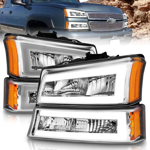 ANZO 111502 Crystal Headlights w/ Light Bar Chrome Housing for 2003-2006 Chevrolet Silverado 1500