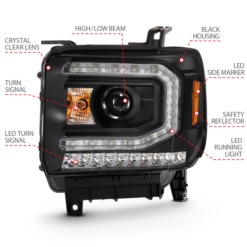 ANZO 111485 Projector Headlight Plank Style Black w/ Sequential Amber Signal for 2016-2019 Gmc Sierra 1500