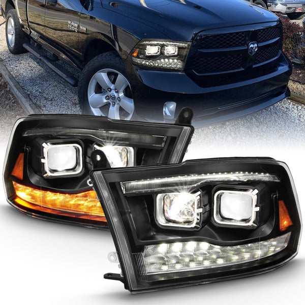 ANZO 111464 Led Projector Plank Style Switchback H.L Halo Black Amber (OE Style) for 2009-2018 Dodge Ram 1500