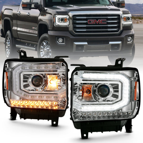 ANZO 111486 Projector Headlight Plank Style Chrome w/ Sequential Amber Signal for 2016-2019 Gmc Sierra 1500