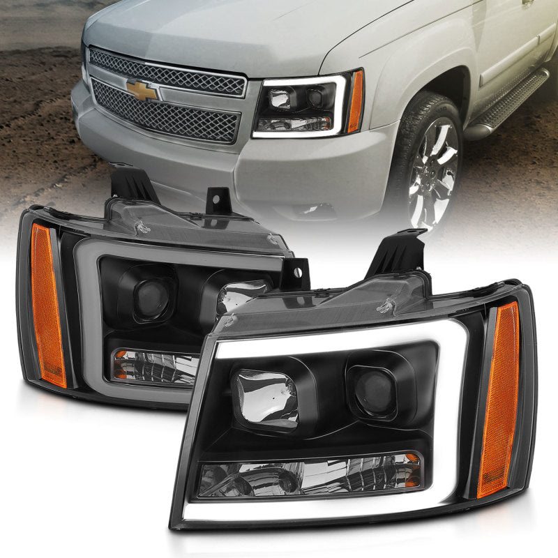 ANZO 111402 Projector Headlights w/ Plank Style Design Black w/ Amber for 2007-2014 Chevy Tahoe