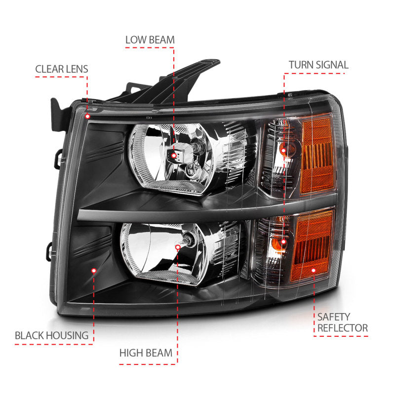 ANZO 111393 Crystal Headlights Black for 2007-2013 Chevrolet Silverado