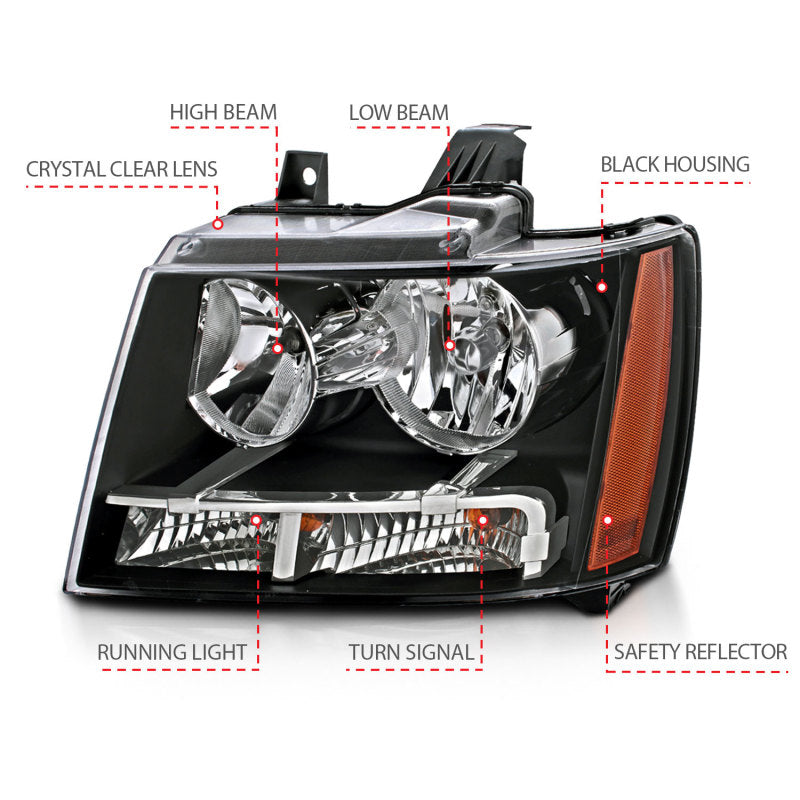 ANZO 111392 Crystal Headlights Black for 2007-2014 Chevrolet Tahoe / Suburban