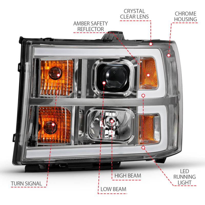 ANZO 111483 Projector Headlight Plank Style Chrome w/ Clear Lens Amber for 2007-2013 Gmc Sierra 1500