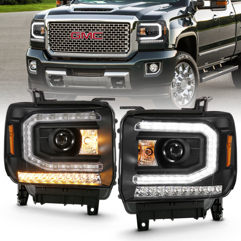 ANZO 111485 Projector Headlight Plank Style Black w/ Sequential Amber Signal for 2016-2019 Gmc Sierra 1500